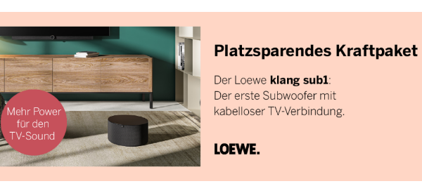 klang sub1 Kompaktes Kraftpaket Der Loewe klang sub1 ist dank einfachster Plug-and-play-Installation bei jedem Loewe Fernseher ab der Serie SL3 sofort einsatzbereit für den ultimativen Audiogenuss. Entdecken Sie ein 2.1 Audiosystem mit 160 Watt Gesamtmusikleistung, das mit vollem Bass für eine höhere Dynamik im Ton sorgt. Einzigartig ist dabei die latenzfreie Bluetooth-Verbindung, über die sich der kompakte Subwoofer mit Ihrem Fernseher koppeln lässt.rten Entertainments mit einzigartigem Sounderlebnis dank der Dolby-Atmos-Technologie, die 60 Watt Gesamtmusikleistung über integrierte unsichtbare Lautsprecher liefert. Egal, ob zum Fernsehen schauen, Video-on-Demand nutzen, Mediatheken durchsuchen, Musik hören, im Internet surfen oder auf der Konsole spielen. klang sub1 Kompaktes Kraftpaket Der Loewe klang sub1 ist dank einfachster Plug-and-play-Installation bei jedem Loewe Fernseher ab der Serie SL3 sofort einsatzbereit für den ultimativen Audiogenuss. Entdecken Sie ein 2.1 Audiosystem mit 160 Watt Gesamtmusikleistung, das mit vollem Bass für eine höhere Dynamik im Ton sorgt. Einzigartig ist dabei die latenzfreie Bluetooth-Verbindung, über die sich der kompakte Subwoofer mit Ihrem Fernseher koppeln lässt.rten Entertainments mit einzigartigem Sounderlebnis dank der Dolby-Atmos-Technologie, die 60 Watt Gesamtmusikleistung über integrierte unsichtbare Lautsprecher liefert. Egal, ob zum Fernsehen schauen, Video-on-Demand nutzen, Mediatheken durchsuchen, Musik hören, im Internet surfen oder auf der Konsole spielen.